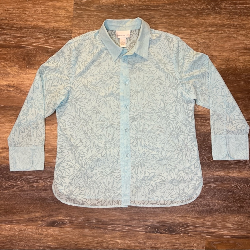 Susan Graver Shirt Women L Blue Daisy Sheer Button Front Blouse cotton blend